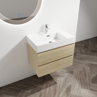 Meuble-lavabo mural 30 po avec lavabo en résine, 2 tiroirs à fermeture douce, salle de bain contemporaine, chêne à fermeture douce, élégance moderne