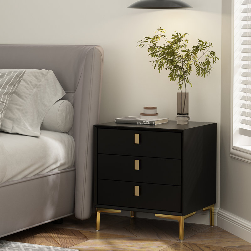 3 - Drawer Nightstand With Metal Legs, Black
