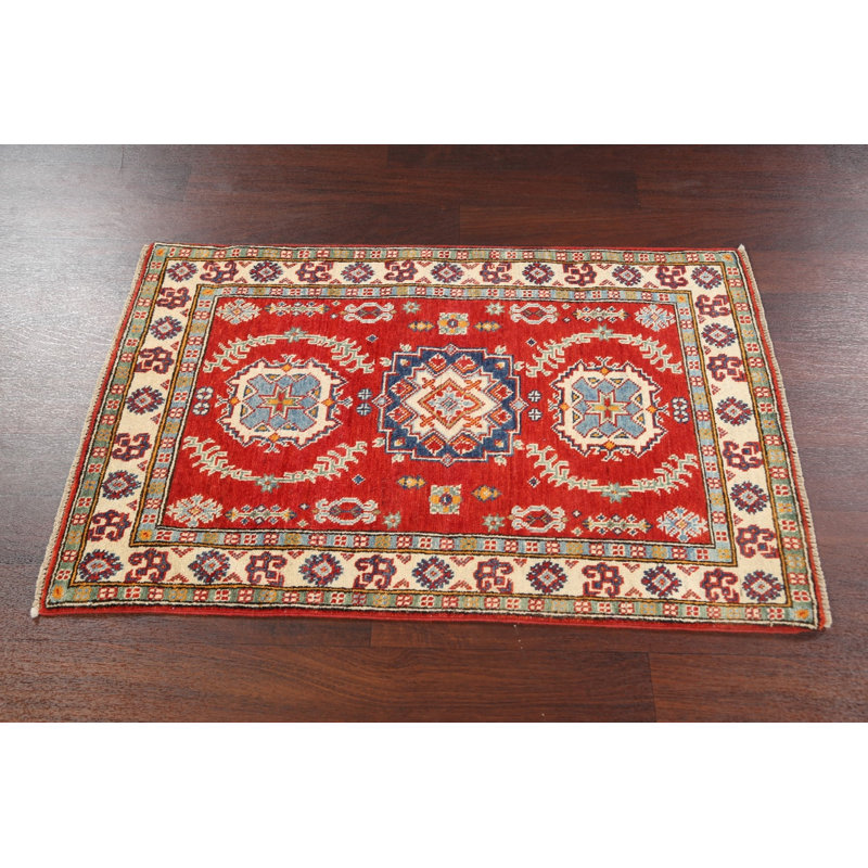Tapis rouge en laine noué à la main de conception unique 2 pi 8 po x 4 pi 1 po