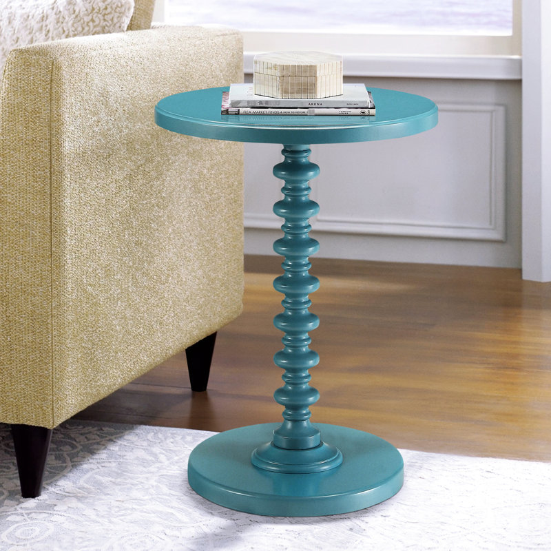 Table d'appoint ronde en bois bleu sarcelle, piédestal simple, look intemporel, espace de vie principal, taille compacte, espaces restreints, surface pour boissons avec plateau sur le plan esthétique dans différentes pièces, petite