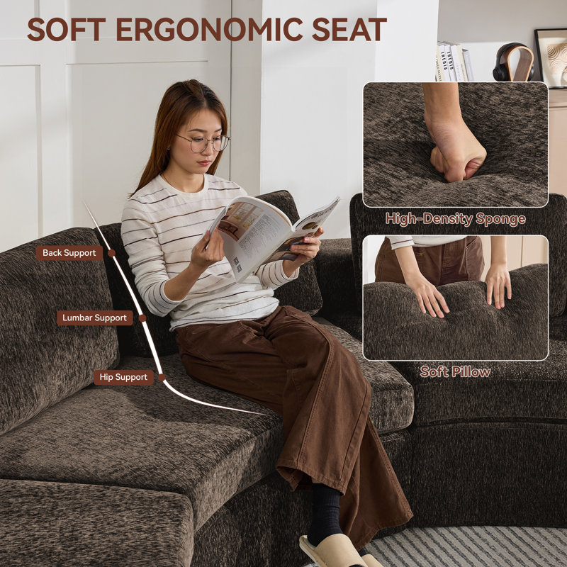 Boneless Curved Sectional Compressed Sofa, 4 Seater with 8.47" Wide Arms, No Assembly Required, 4, Brown
