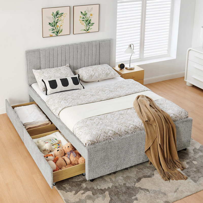 Space Saving Queen Upholstered Bed with Multi-functional Design and Storage, Grey