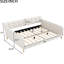 Grand lit de jour rembourré beige, 4 pieds de soutien, revêtement en lin et, sans sommier tapissier, en lin, fonctionnel pour la nuit, requis