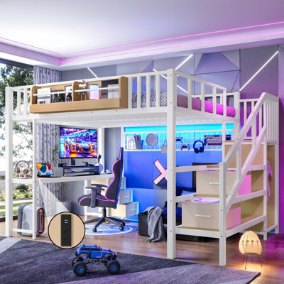 Grand lit mezzanine avec bureau, lit mezzanine robuste avec tiroirs et escalier de rangement, lit mezzanine multifonctionnel tout-en-un pour les adultes, blanc