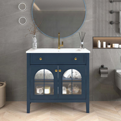 Mid-Century Bathroom Vanity with Motion-Sensor Light & Patterned Glass, Blue