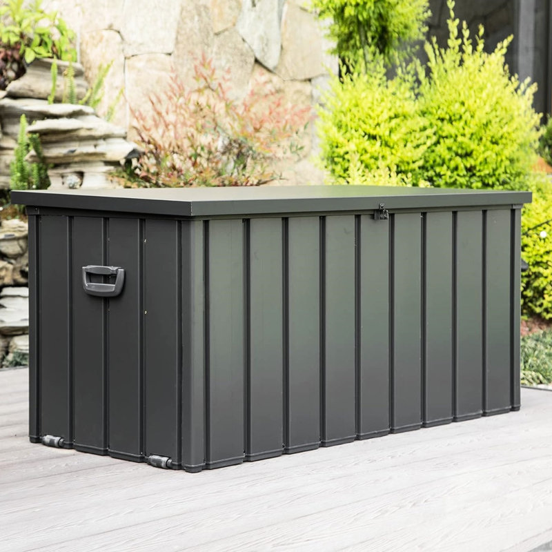 Boîte de rangement pour terrasse de 100 gallons - Gris foncé, imperméable, verrouillable pour les coussins d'extérieur, les coussins, les outils de jardin avec matériau de construction, grand gallon, outils gris, qualité stable