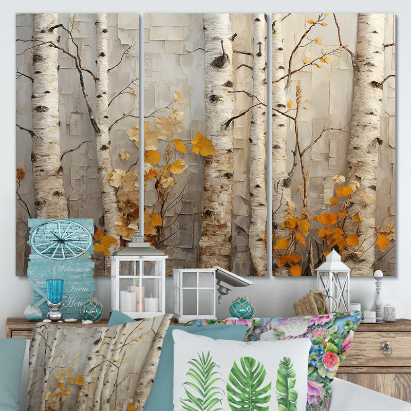 «Autumn Birch Tree Elegance» - art mural arbre, H 28 po x l 36 po, Toile tendue