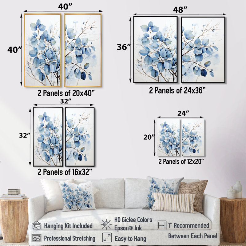 "Sureau", art traditionnel bleu sur toile, Impression encadrée flottante, Noir, H 36 po x l 48 po