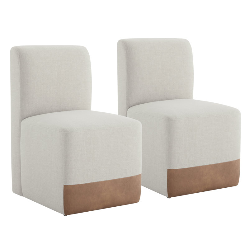 Bralan Polyester Blend Upholstered Side Dining Chair with Casters, Linen and Cognac Performance Linen