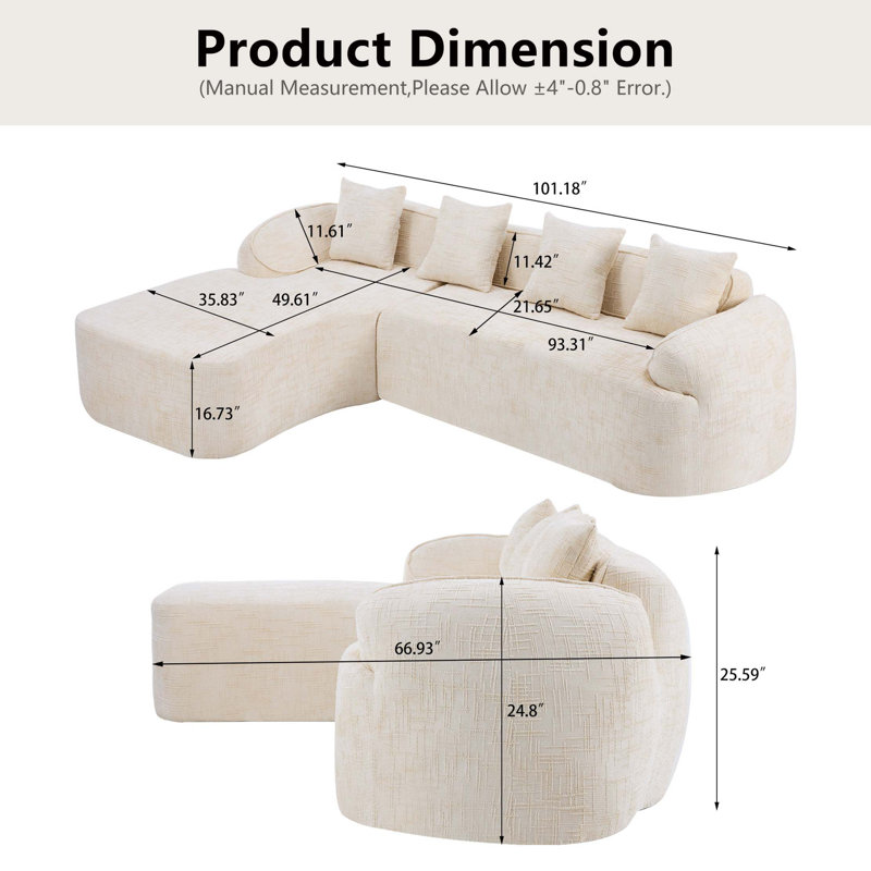 Canapé en chenille compressée en forme de L qui s'agence bien avec n'importe quel salon. Il est doté d'une éponge hautement élastique pour une sensation d'assise confortable, d'accoudoirs courbés et de 4 coussins décoratifs