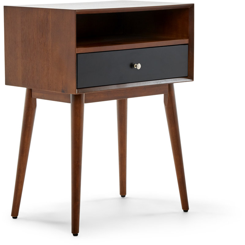 Calvin Mid-Century Modern Side Table with Storage Drawer and Open Shelf, Walnut and Black