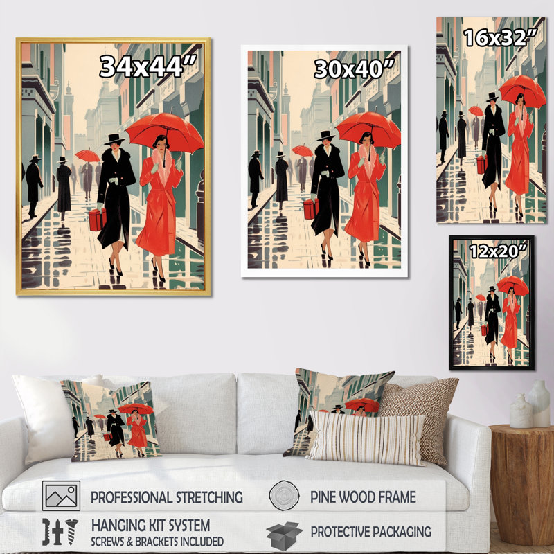 Art déco avec un parapluie rouge sur toile, H 44 po x l 34 po x P 1,5 po, Cadre flottant doré