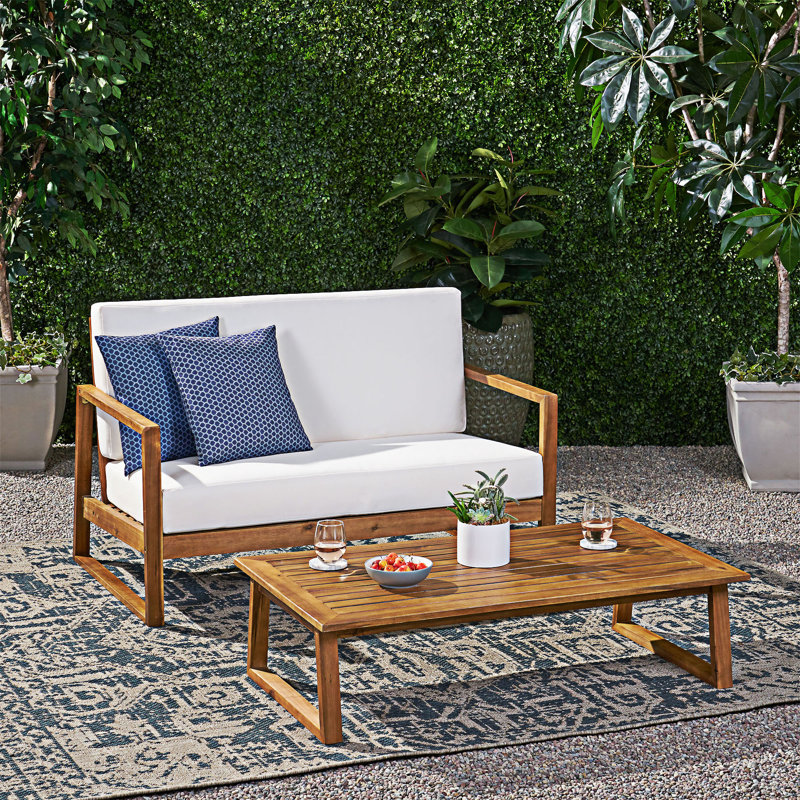 Ensemble de conversation 2 pièces avec coussins, Beige, Teak