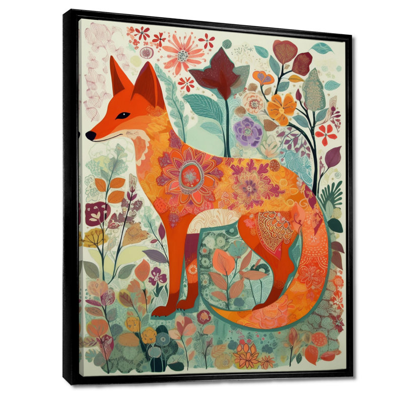 Boho renard dans une forêt de fleurs, Toile flottante noire encadrée, H 32 po x l 16 po