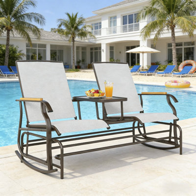 Banc coulissant de style nordique blanc crème pour 2 personnes de 57,8 po, causeuse de patio avec table centrale et filet respirant, structure en acier et accoudoirs en composite, 265 lb par siège