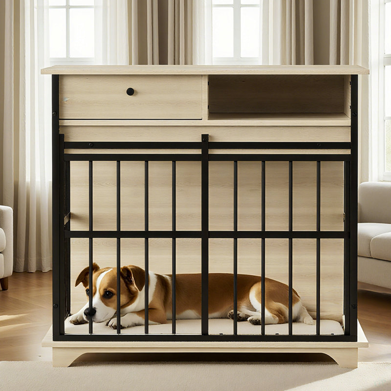 Meubles pour cage de chien, meubles pour grande cage avec plateau pour chiens de taille moyenne, chenil en bois, Naturel