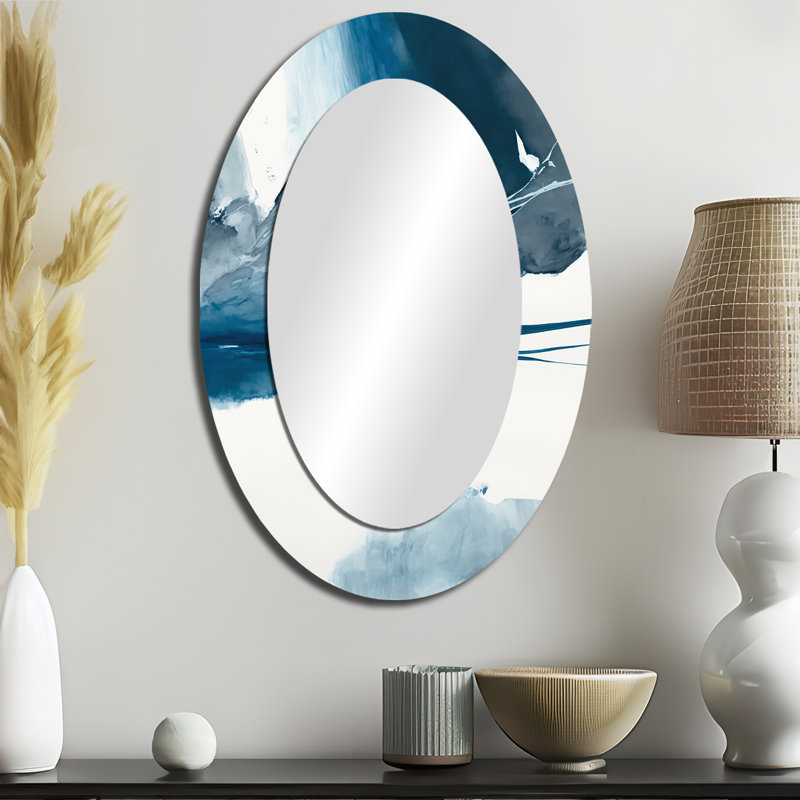 Imperial Blue Solitude I - Grand miroir mural ovale sur métal, 36 po x 24 po