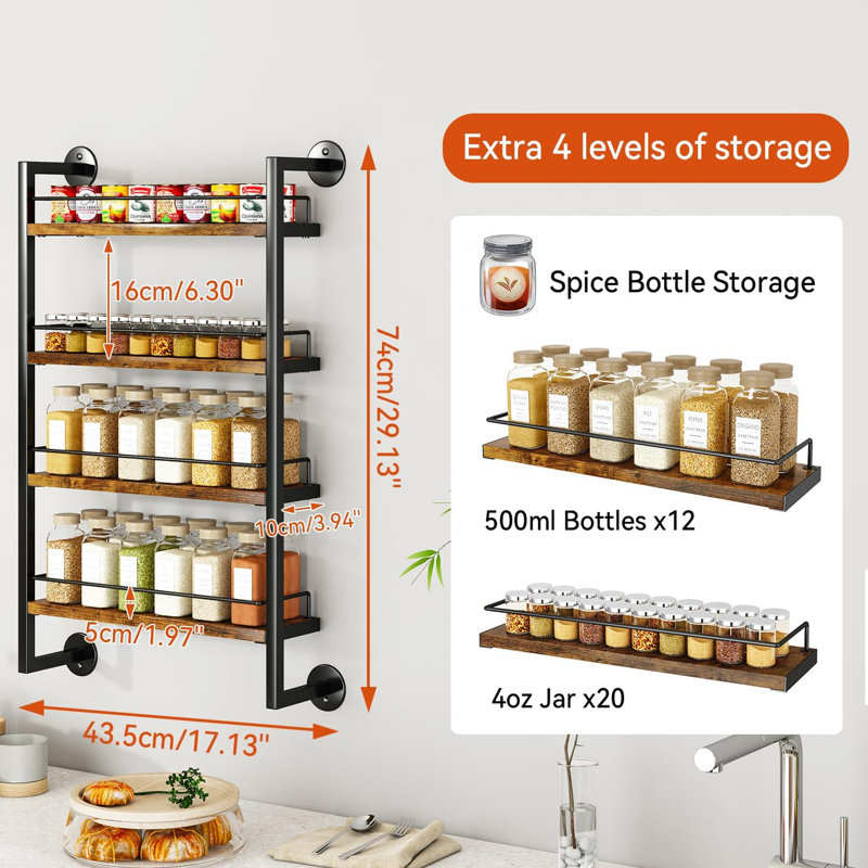 Étagère à épices murale 4 niveaux pour cuisine, brun TLJ016H | Grand support à épices pour organisation d'épices murales pour salle de bain