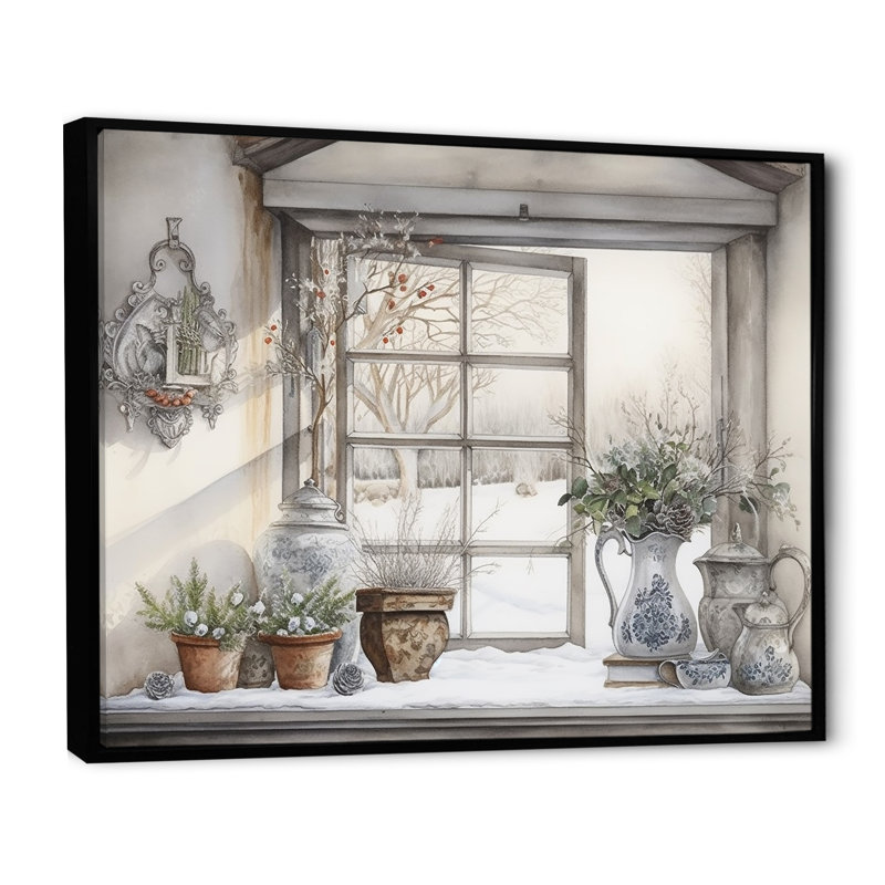 Fenêtres, charme scandinave d'hiver sur toile, Cadre flottant noir, H 34 po x l 44 po x P 1,5 po