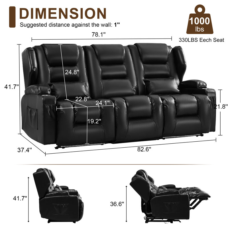 Canapé inclinable électrique 3 places, canapé inclinable en faux cuir avec dossier rabattable, siège de cinéma extra large