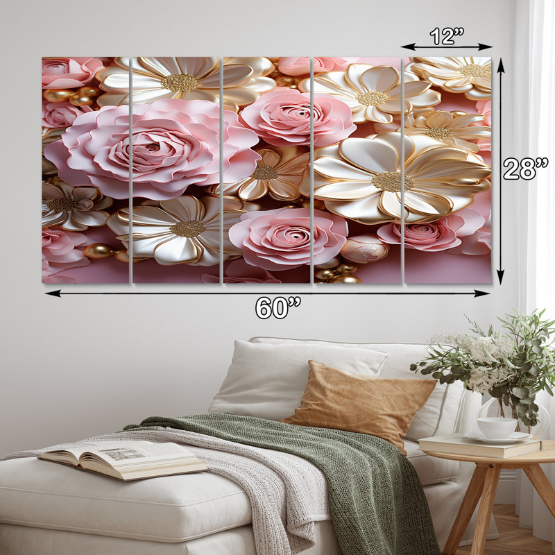 Tender and Light Pink Flower Art - Formes abstraites, art mural salon - 5 panneaux égaux