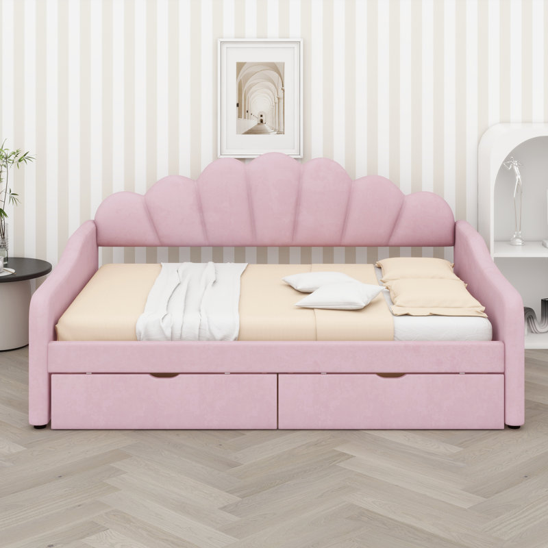 Lit de jour chic avec tête de lit incurvée et tiroirs de rangement dissimulés, Rose