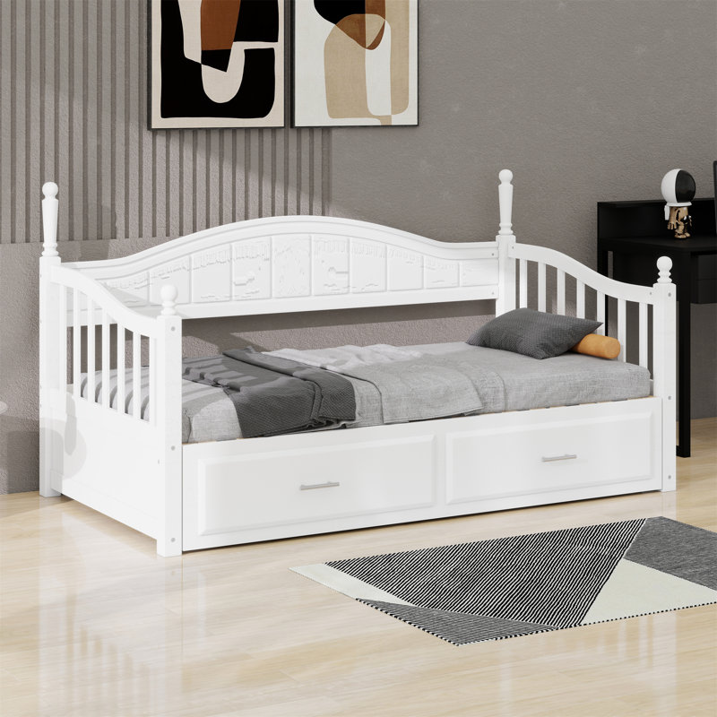 Lit de jour avec lit gigogne, lit de jour extensible avec deux tiroirs de rangement, Blanc
