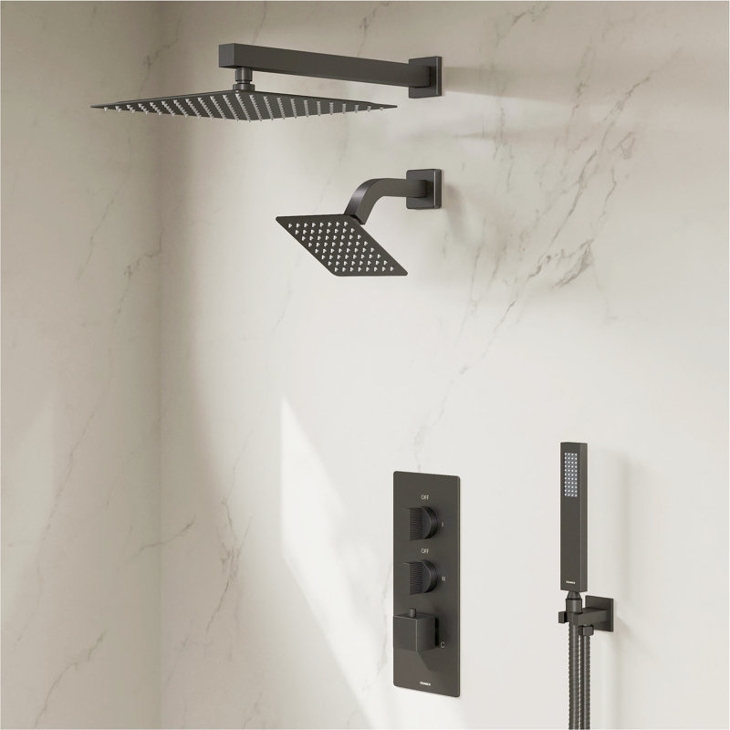 Rugen 12" & 6" Dual Shower Head Faucet Set with Handheld Combo, 3-Function Shower System with Rainfall Showerhead, Thermostatic Valve Included, Bathroom Shower Fixture