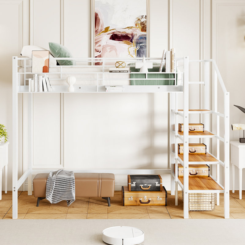 Orenda Metal Loft Bed With Upper Grid Storage Shelf And Lateral Storage Ladder, Twin, White