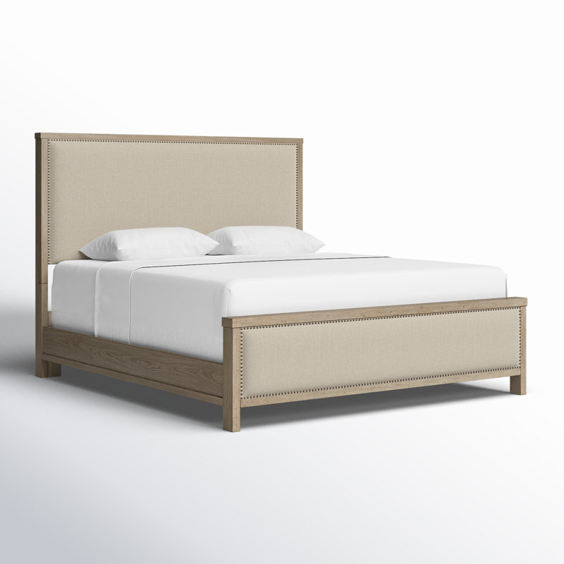 Solid Wood Panel Bed with Upholstered Headboard & Nailhead Trim, King