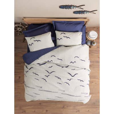 Ensemble de housse de courtepointe Ranforce Four Seasons, 71 x 91, 100% coton, bleu foncé et blanc | Comprend un drap plat 63 x 94 et une taie d'oreiller 20 x 28 | Lavable à la machine, doux et durable, conception élégante avec fermeture à boutons
