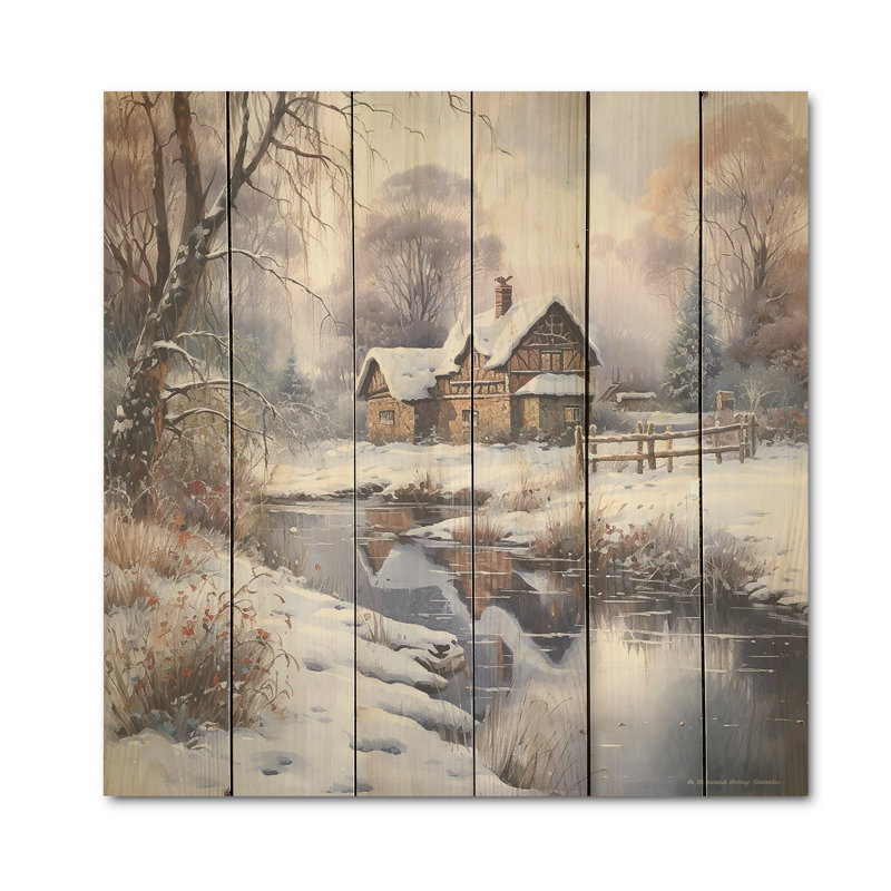 «Winter Charm At Country Home - Winter Landscape», art mural sur bois de pin naturel, H 15 po x l 15 po