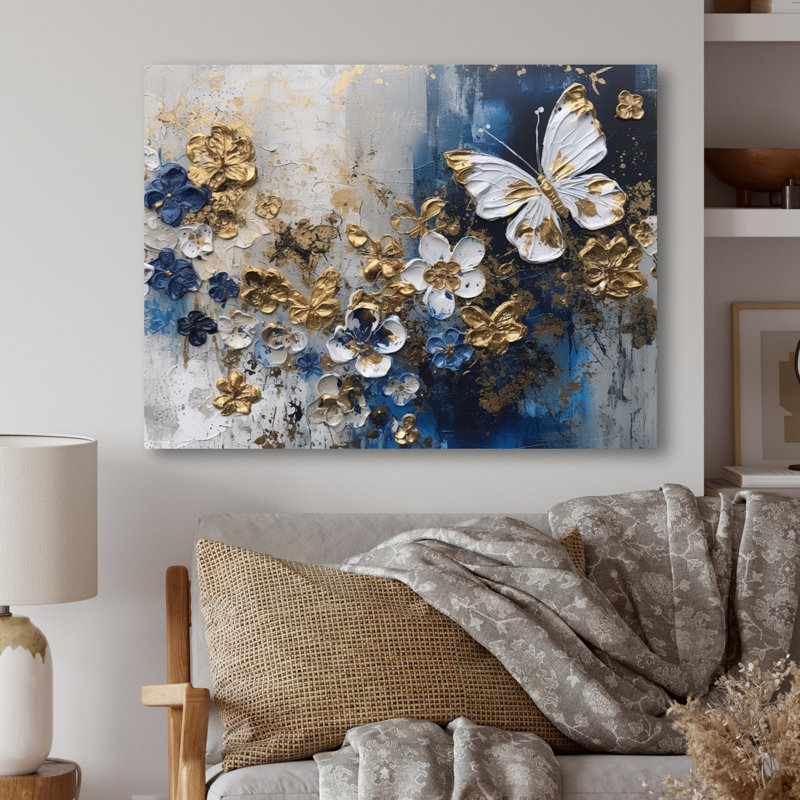 Rynisha, ailes de papillon bleu doré et fleurs I - art mural floral, H 12 po x l 20 po x P 1 po, Toile tendue