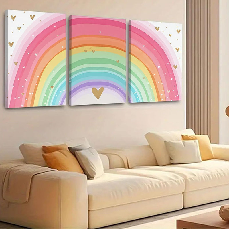 Girls Rainbow Canvas Wall Art Set Of 3, Colorful Nursery Wall Decor Painting, Kids Heart Picture Poster Prints For Classroom Kids Room Baby Room Bedroom Dorm Home Decoration 16X24in