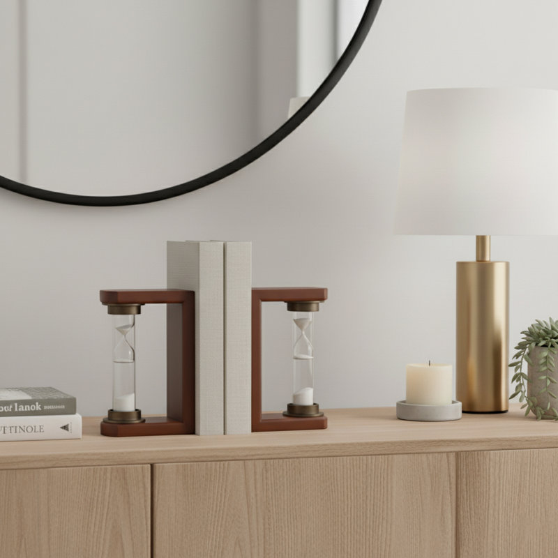 Aldarondo Decorative Hourglass Sand Timer Bookends - Modern Book Ends for Home, Bookshelf, or Desk Decor - Set of 2, 8", Brown
