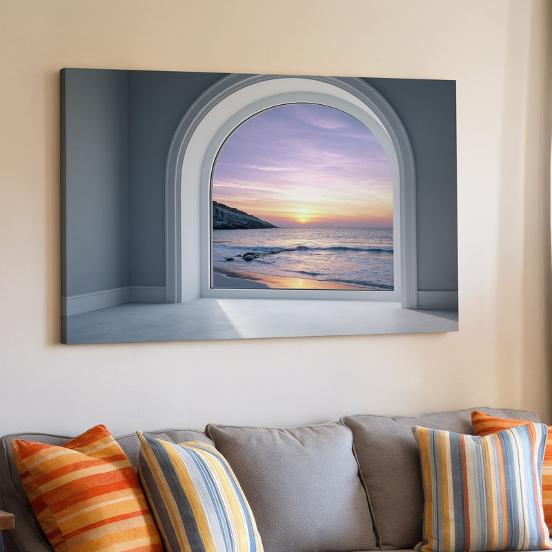 Toile, art intérieur encadré d'une fenêtre arquée encadrée en blanc doux révélant un coucher de soleil à couper le souffle