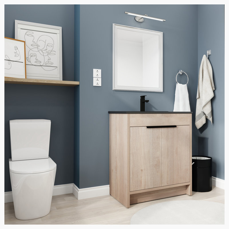 Ensemble de meuble-lavabo simple avec plateau en céramique Eniya, Chêne clair uni