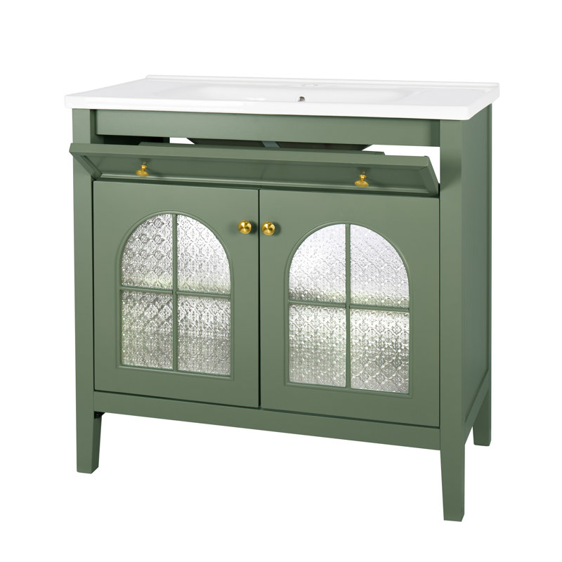 Meuble-lavabo autoportant de 36 po avec lavabo en céramique et capteur de mouvement, Vert