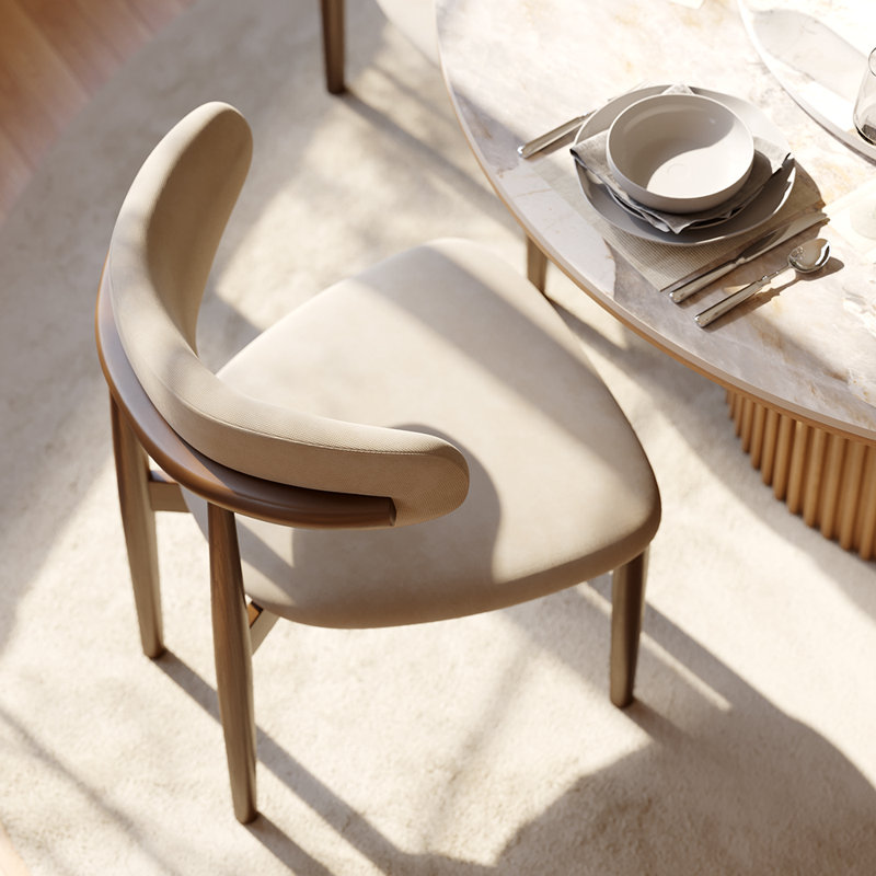 Mid-Century Modern Wood Dining Chairs, Upholstered Cotton Linen Wood Dining Chair Side Chair, Fully Assembled (Set of 2)