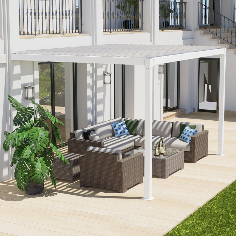13 Ft. W x 10 Ft. D Wall-Mounted Pergola with Adjustable Louvered Sloping Roof, White