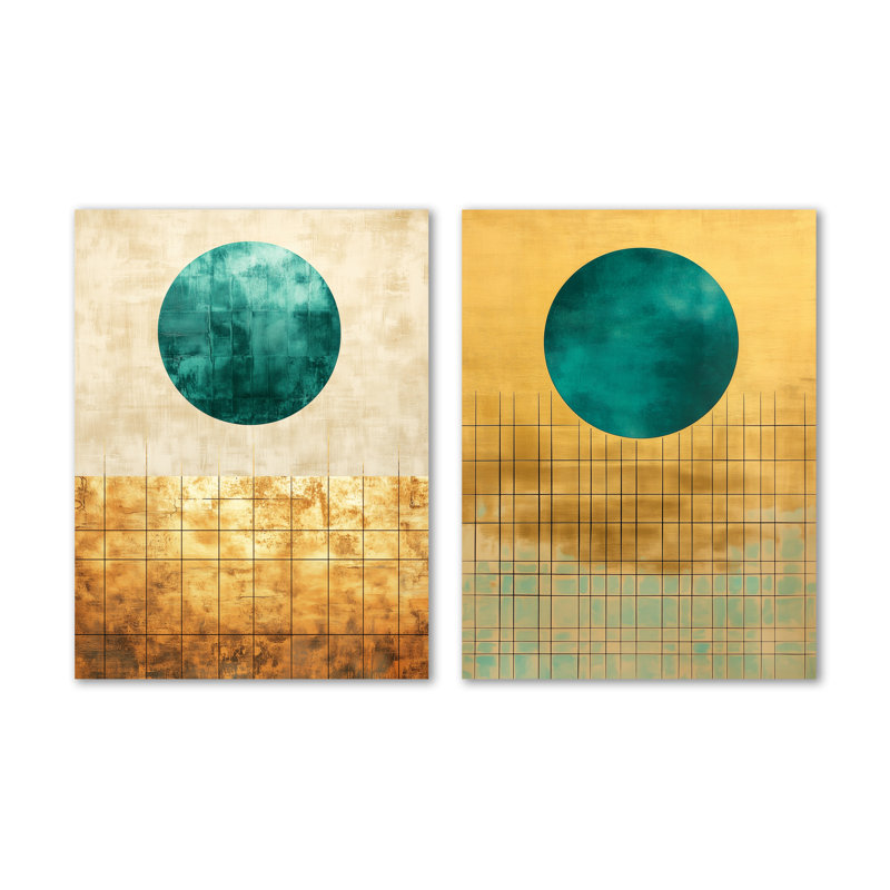 Art mural moderne Mid-Century, toile bleu sarcelle, soleil bleu sarcelle sur grilles dorées, H 32 po x l 48 po, Toile tendue