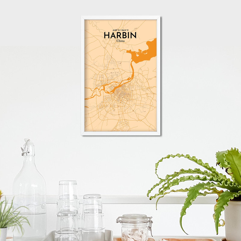«Harbin City Map», impression, H 17 po x l 11 po, Orange / or pâle