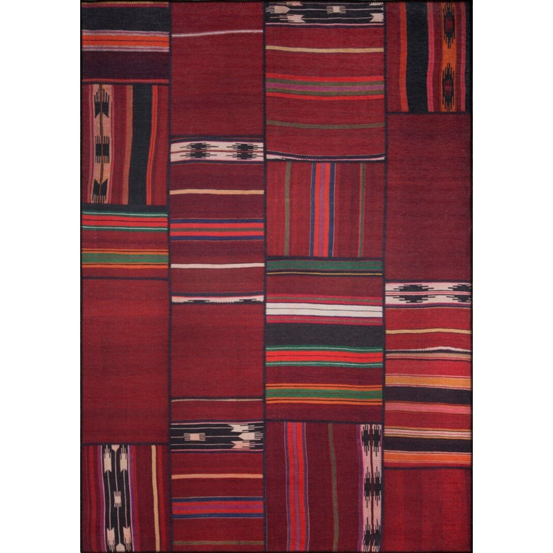 Tapis décoratif rouge à motif tissé patchwork, Rectangle 3 pi 10 po x 5 pi 3 po