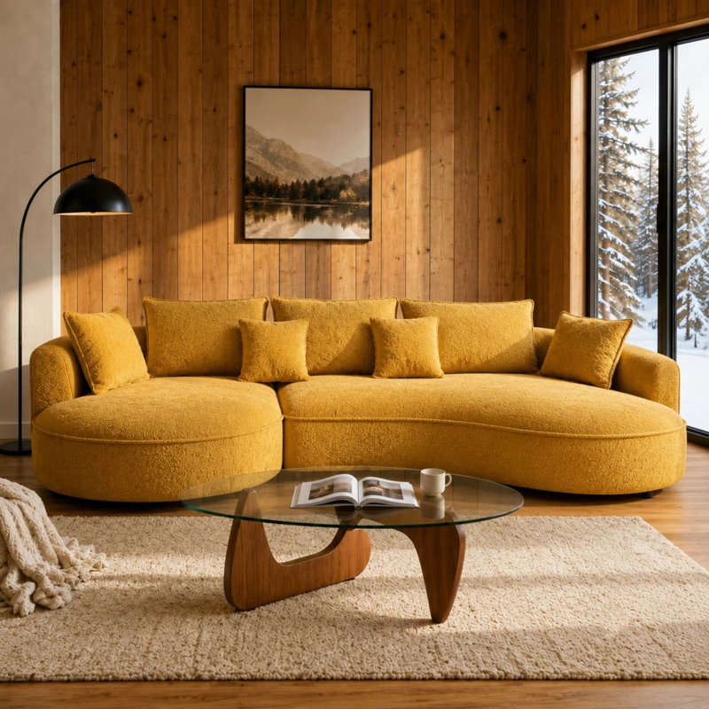 Mid-Century Modern Living Room Set: Curved Boucle Sectional Sofa (Yellow, Left-Facing Chaise) + Sculptural Glass Coffee Table With Wood Base