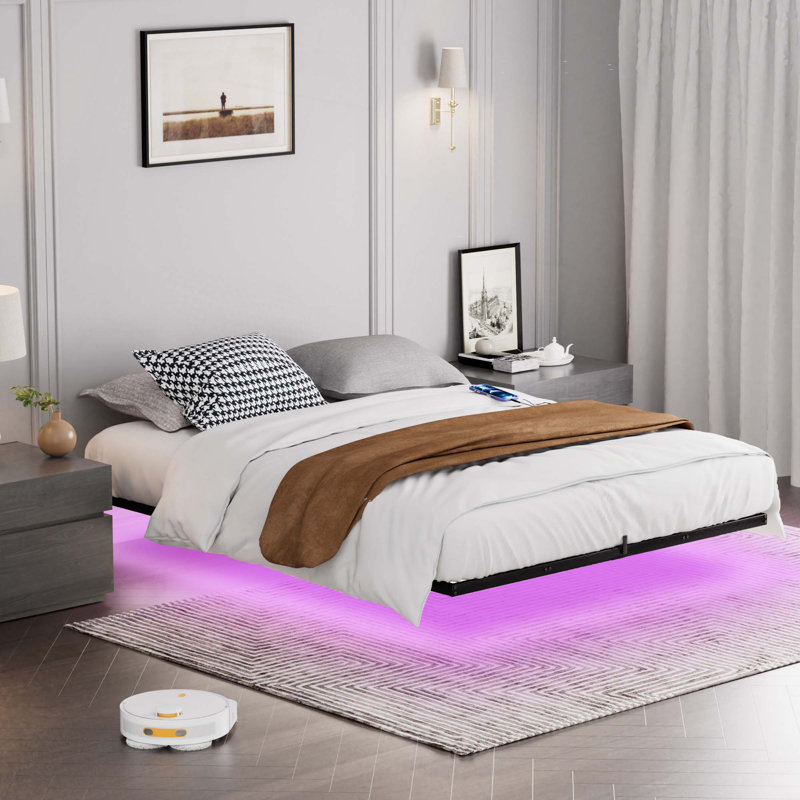 Base de lit flottante avec lumières DEL, station de charge, plateforme en métal, Grand lit