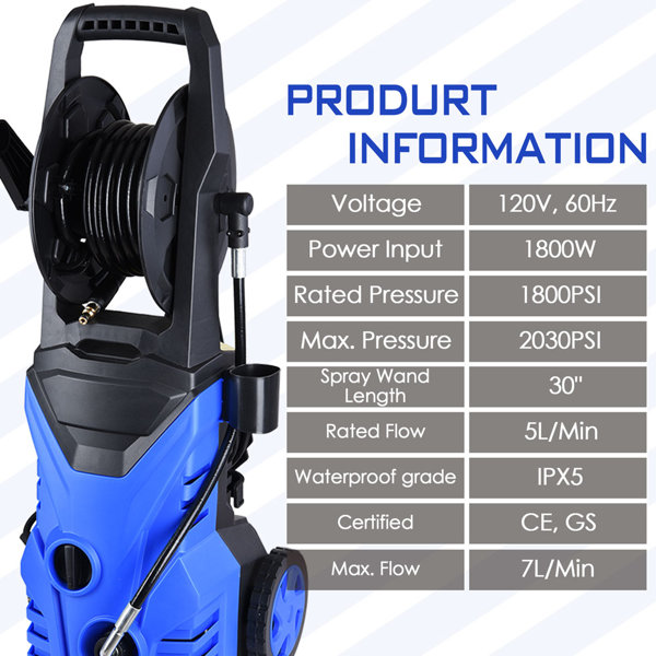 Electric Pressure Washer w/ Hose Reel Soap Bottle 2030psi 1.8gpm