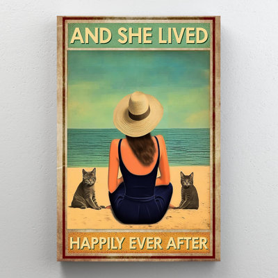Cat Beach And She Lived Happily - 1 pièce, impression sur toile tendue sur toile tendue
