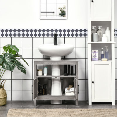 Armoire de rangement grise avec 2 portes et 2 tablettes ouvertes
