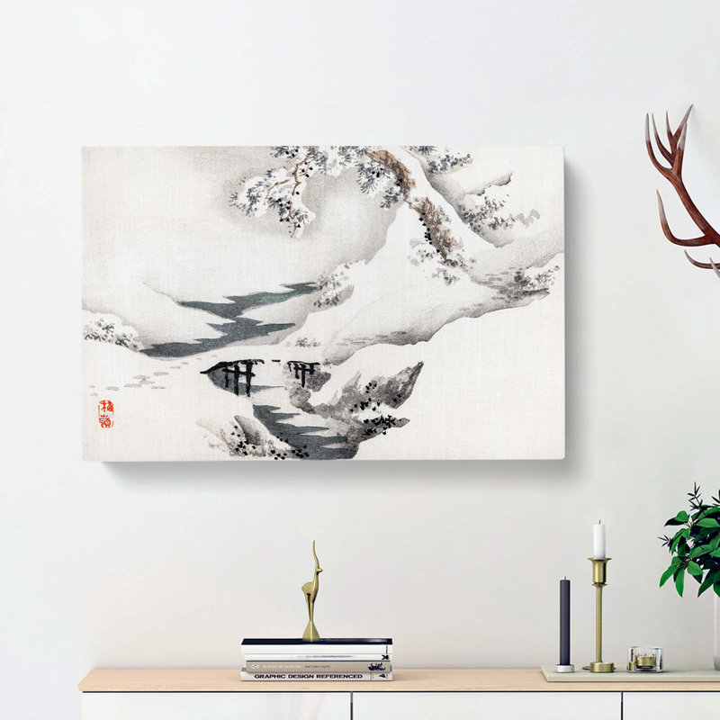 Snow Covered Bridge and Tree by Kono Bairei - Wrapped Canvas Drawing - Wrapped Canvas, 35cm H x 50cm W x 3cm D