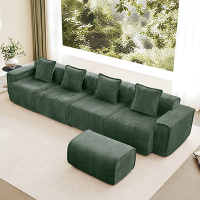 Velours à 4 sièges sans dossier avec passepoil français, sans problème d'assemblage, mousse à haute résilience à assise moelleuse, coussins décoratifs et siège mobile modulaire en L en velours pour une expérience relaxante